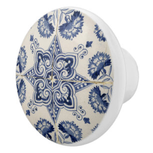  Vintage Blue White Geometric Flower Pattern Ceramic Knob
