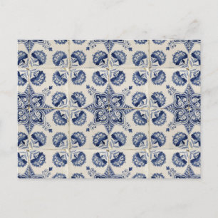  Vintage Blue White Geometric Flower Pattern  Holiday Postcard