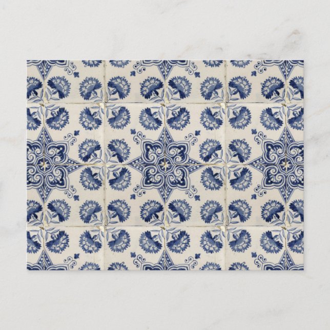  Vintage Blue White Geometric Flower Pattern  Holiday Postcard (Front)