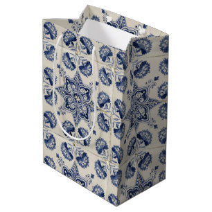  Vintage Blue White Geometric Flower Pattern  Medium Gift Bag