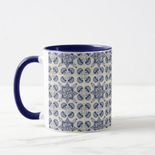  Vintage Blue White Geometric Flower Pattern  Mug