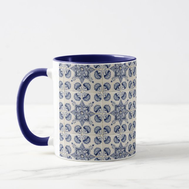  Vintage Blue White Geometric Flower Pattern  Mug (Left)
