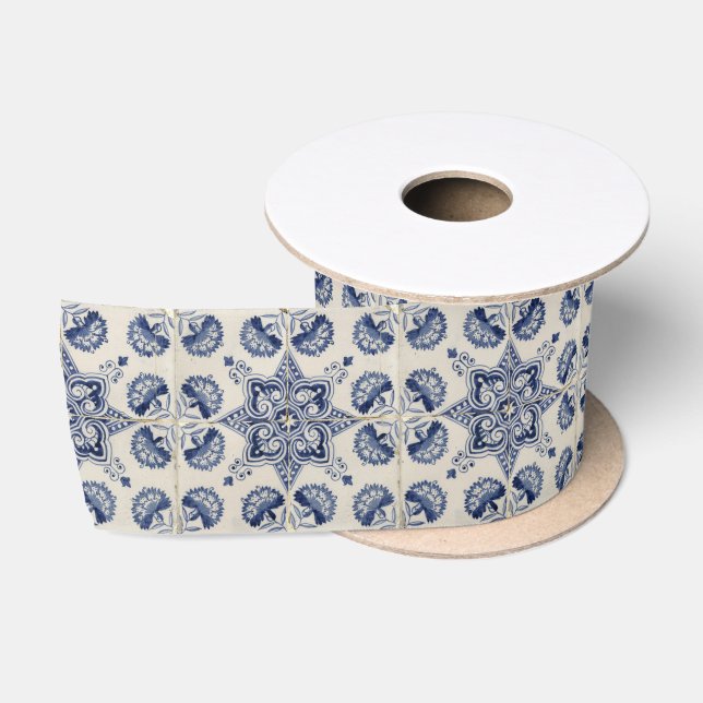  Vintage Blue White Geometric Flower Pattern  Satin Ribbon (Spool)