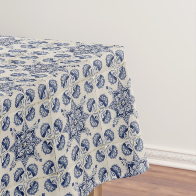  Vintage Blue White Geometric Flower Pattern  Tablecloth (In Situ)