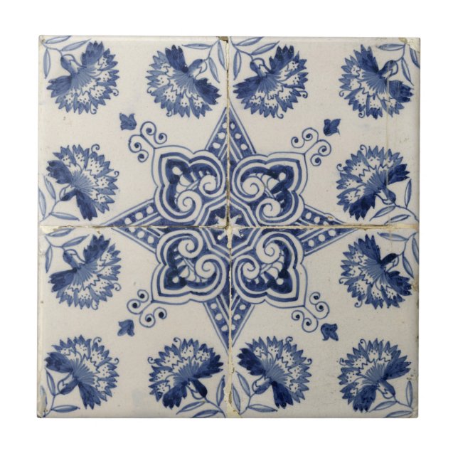  Vintage Blue White Geometric Flower Pattern  Tile (Front)