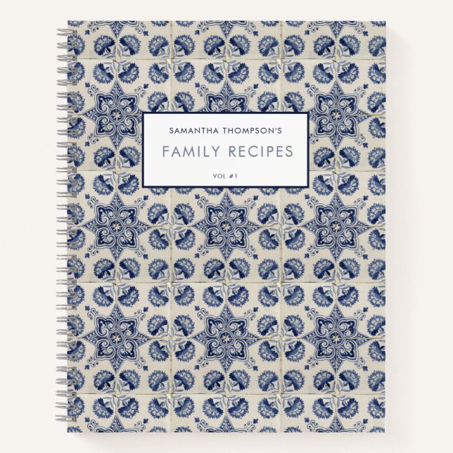  Vintage Blue White Geometric Flower Recipe   Notebook (Front)