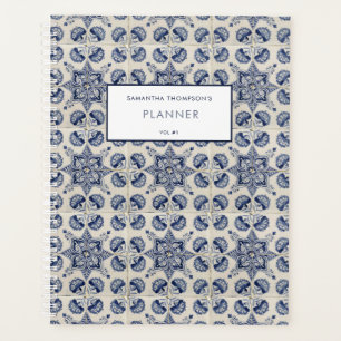  Vintage Blue White Geometric Flower Recipe Planner