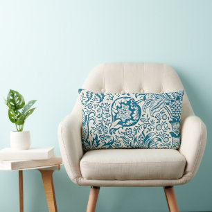 Vintage Blue & White Indian Pattern Lumbar Pillow