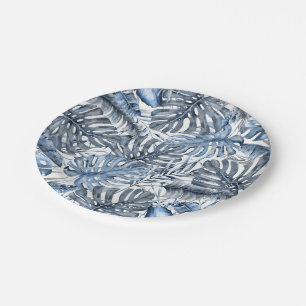 Vintage Blue & White Tropical Palm Leaves Wedding Paper Plate