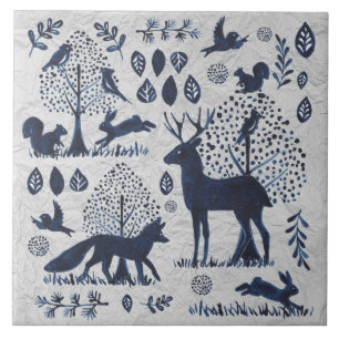 Vintage Blue & White Woodland Animal Fox Rabbit Tile