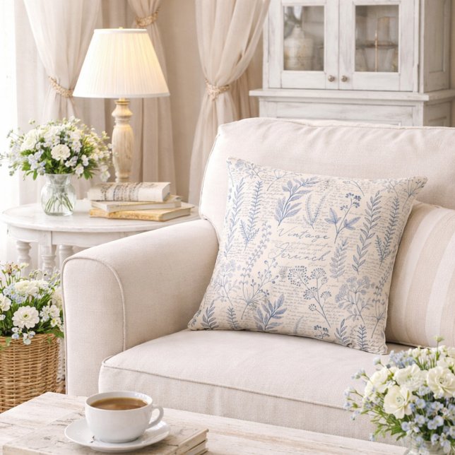 Vintage Blue Wildflower French Toile Pattern Throw Pillow (Creator Uploaded)