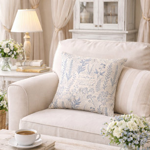 Vintage Blue Wildflower French Toile Pattern Throw Pillow