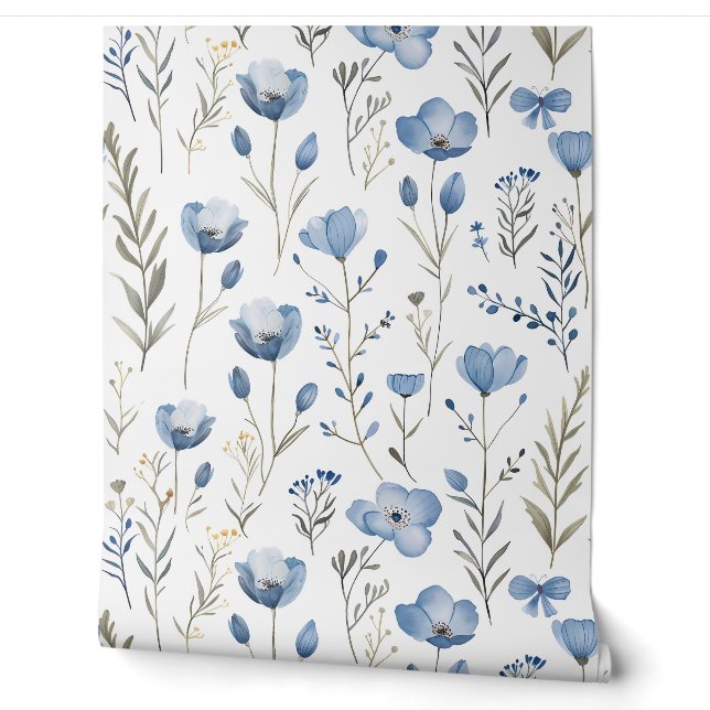 Vintage Blue Wildflowers and Botanical  Wallpaper (Unrolling)