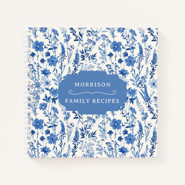 Vintage Blue Wildflowers Personalized Recipe Notebook (Front)