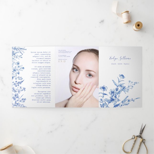 Vintage blue wildflowers trifold brochure (Outside)