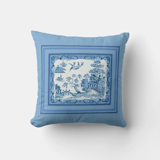 Vintage Blue Willow with Frame Throw Pillow (Front)
