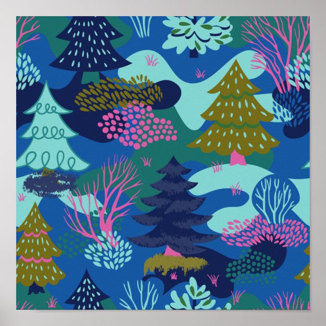 Vintage Blue Winter Christmas Tree Forest Poster (Front)