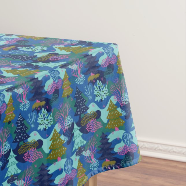 Vintage Blue Winter Christmas Tree Forest Tablecloth (In Situ)