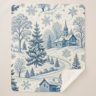 Vintage Blue Winter Village Christmas Snowflake  Sherpa Blanket