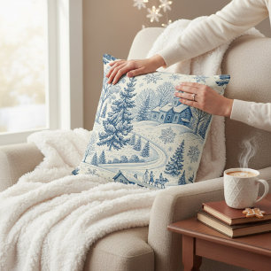 Vintage Blue Winter Village Christmas Snowflake  Throw Pillow
