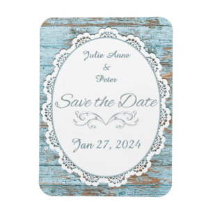 Vintage Blue Wood & Lace Rustic Beach Magnet