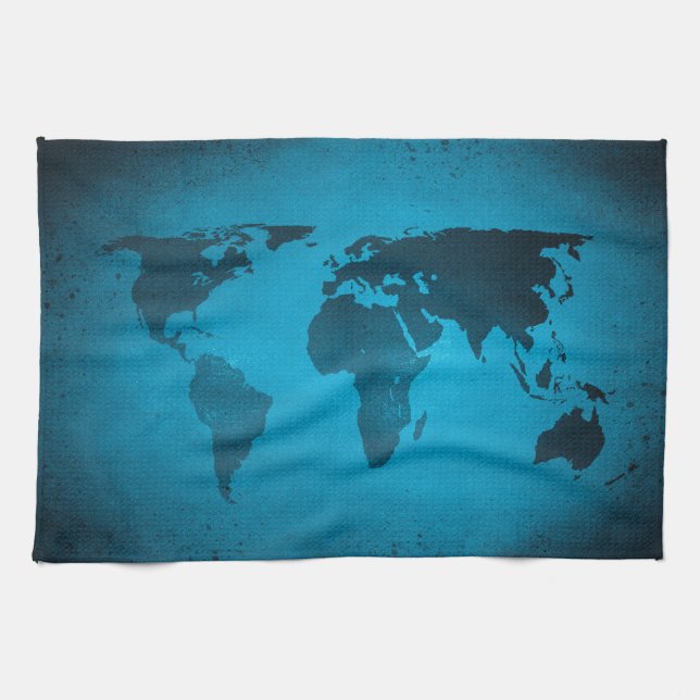 Vintage blue world map kitchen towel (Horizontal)
