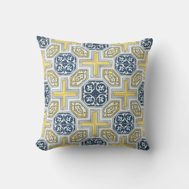 Vintage Blue Yellow Geometric Tile Pattern Throw Pillow (Front)