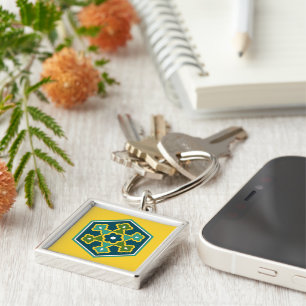 Vintage Blue Yellow Green Ottoman Turkish Hexagon Keychain