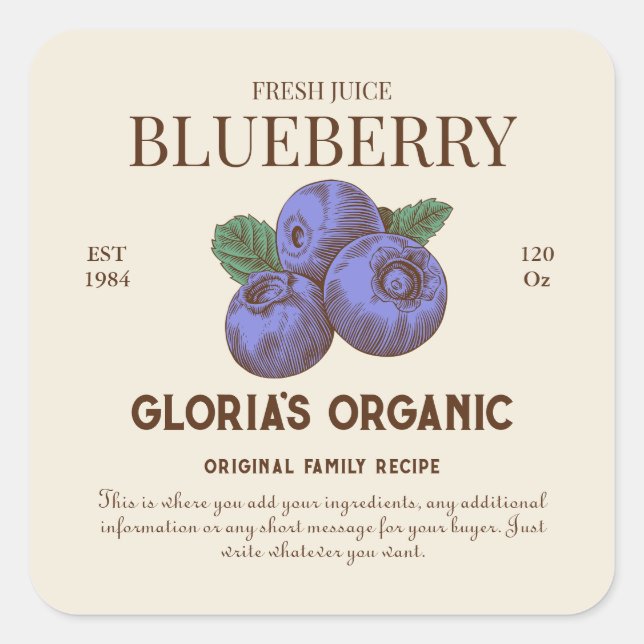 Vintage Blueberry Fruit Juice Product Label (Front)