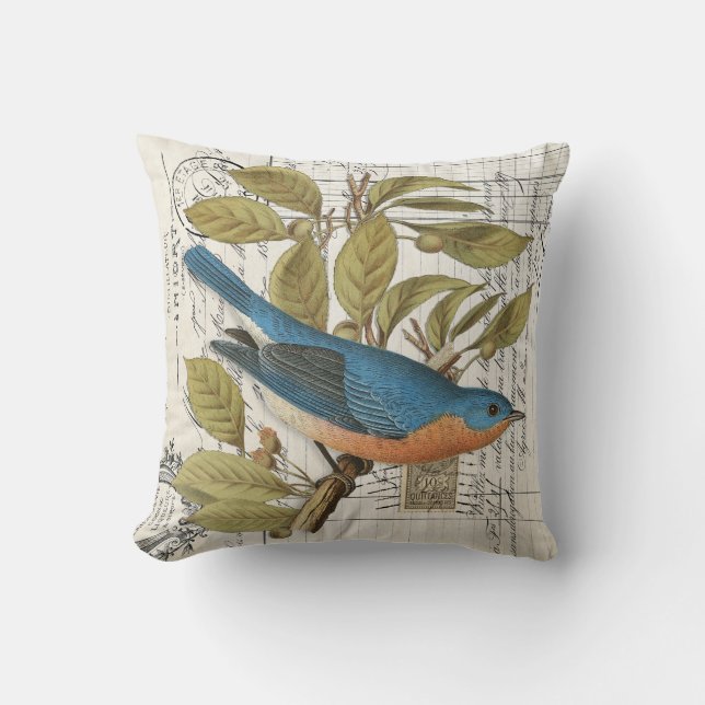 Vintage Bluebird Fern French Bird Throw Pillow (Front)