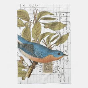 Vintage Bluebird French Script Kitchen Hand Towel