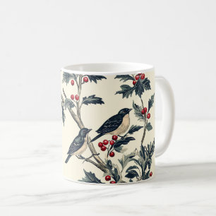 Vintage Bluebird Holly Christmas Cream Red Coffee Mug