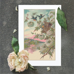Vintage Bluebird House Hydrangea Birthday Card