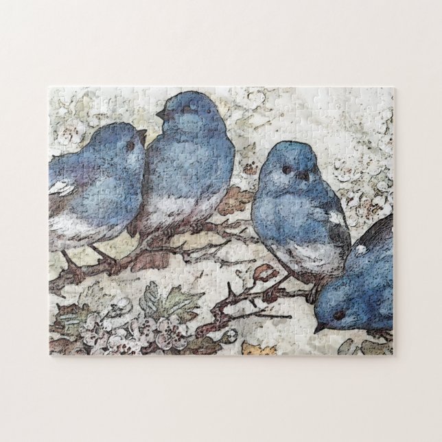 Vintage bluebird illustration cute birds nature jigsaw puzzle (Horizontal)