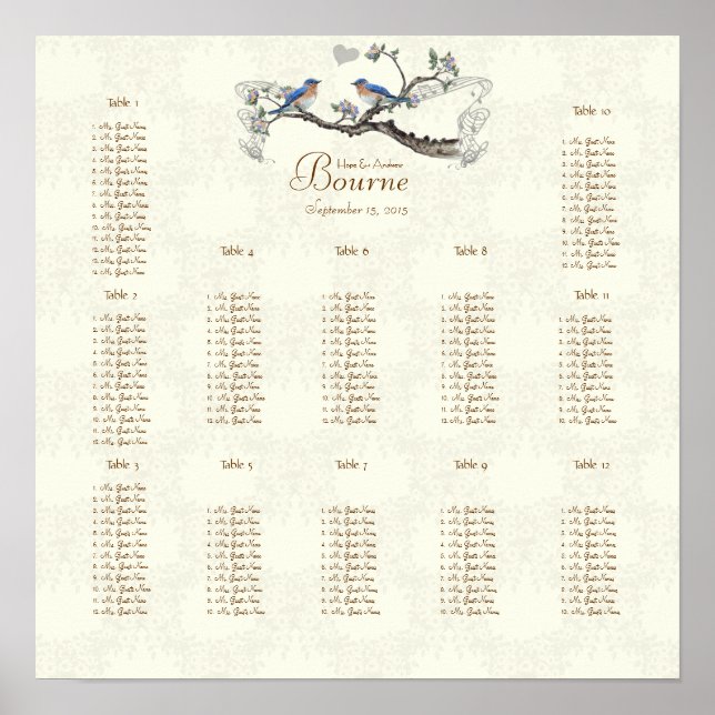 Vintage Bluebirds Bloom Seating 12 Tables Poster (Front)