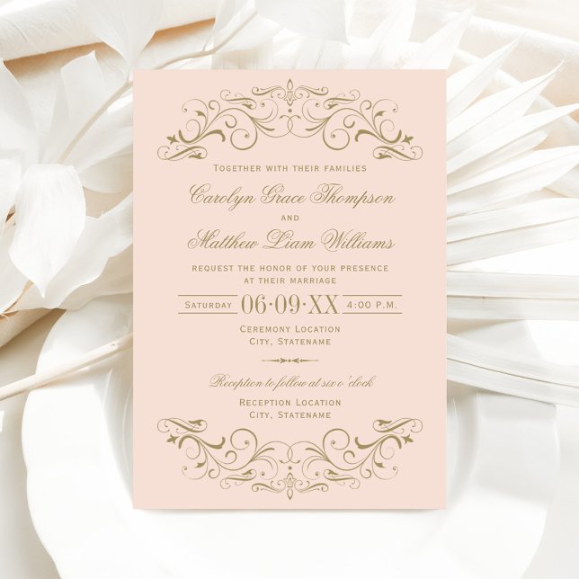 Vintage Blush and Antique Gold Flourish Wedding Invitation (Creator Uploaded)