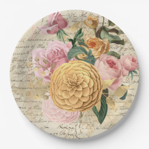 Vintage Blush and Gold floral French script shabby Paper Plate