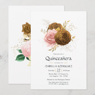 Vintage Blush and Gold Floral Quinceañera Invitation