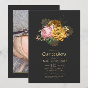 Vintage Blush and Gold Floral Quinceañera Photo Invitation