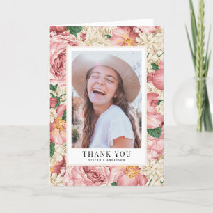 Vintage Blush and Ivory Flowers Graduation Photo Thank You Card