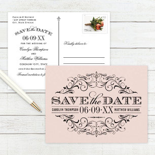 Vintage Blush Black Flourish Wedding Save the Date Announcement Postcard