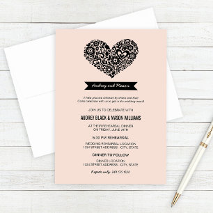 Vintage Blush Black Heart Wedding Rehearsal Dinner Invitation