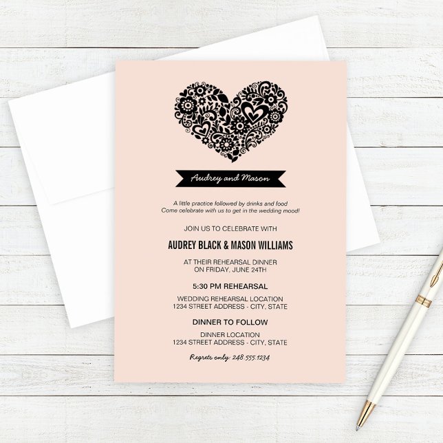 Vintage Blush Black Heart Wedding Rehearsal Dinner Invitation (Creator Uploaded)