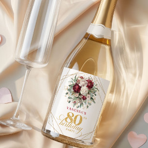 Vintage Blush Burgundy 80th Birthday Champagne Sparkling Wine Label