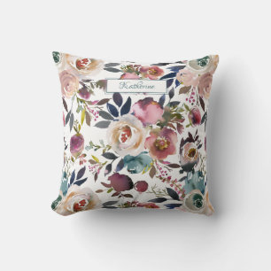 Vintage Blush Cream Pink Floral Custom Watercolor Throw Pillow