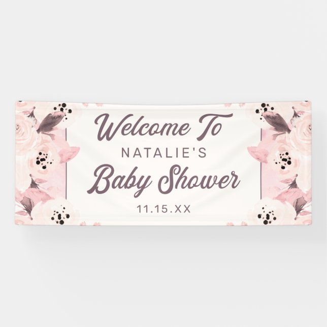 Vintage Blush Flowers Baby Girl Shower Welcome Banner (Horizontal)