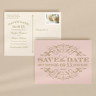 Vintage Blush Gold Flourish Save the Date Announcement Postcard
