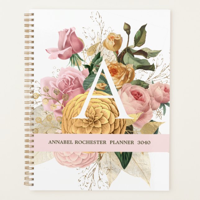 Vintage blush & gold roses personalised planner (Front)