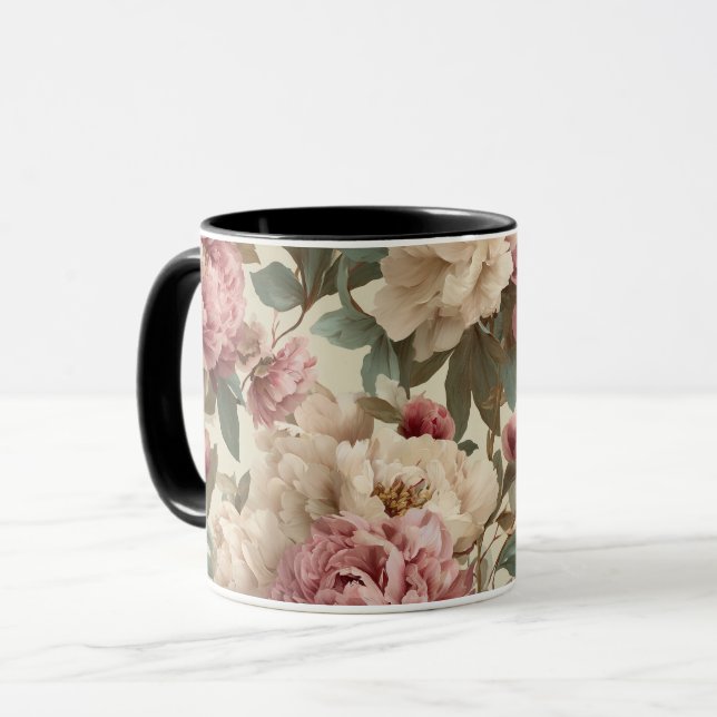 Vintage Blush Peony Cream Floral Pattern Mug (Front Left)