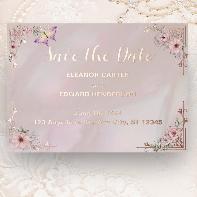 Vintage Blush Peony Foil Save The Date Card (Creator Uploaded)